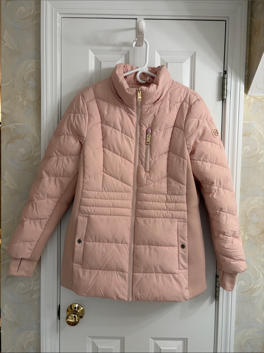 Michael Kors Blush Pink Quilted Puffer Jacket with Stand Collar